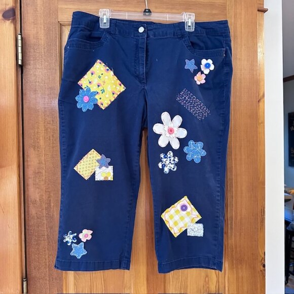Briggs Cotton Spandex blend Blue Patchwork Recycled Upcycled Capri Pants Size 18 - Picture 1 of 8